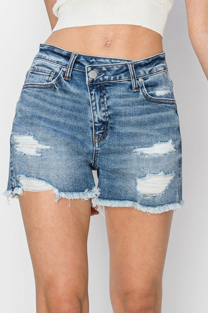 RISEN Stepped Waist Frayed Denim Shorts