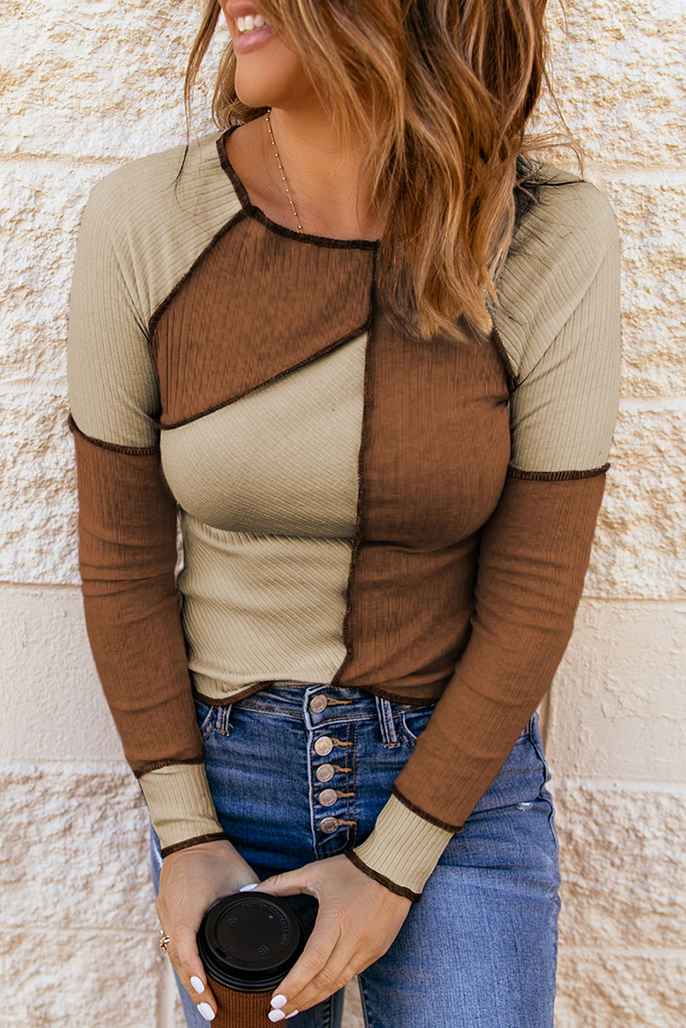 Color Block Exposed Seam Knit Top in White/Tan - alternate view 9