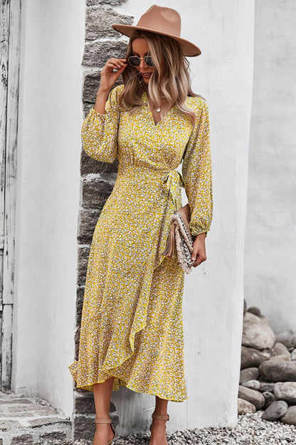 Floral Surplice Neck Long Sleeve Dress