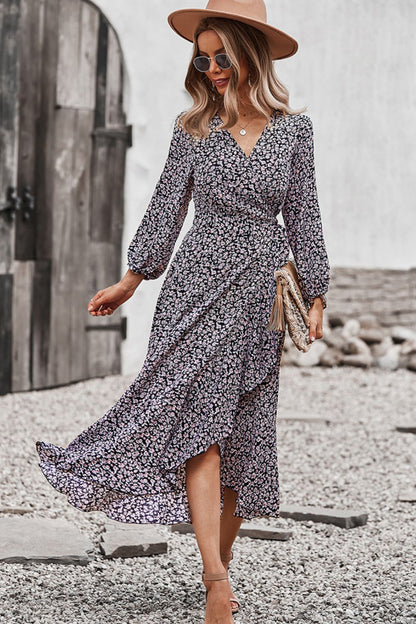 Floral Surplice Neck Long Sleeve Dress