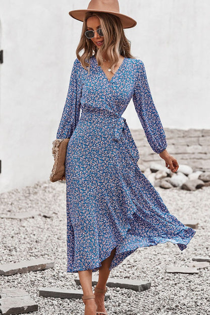 Floral Surplice Neck Long Sleeve Dress