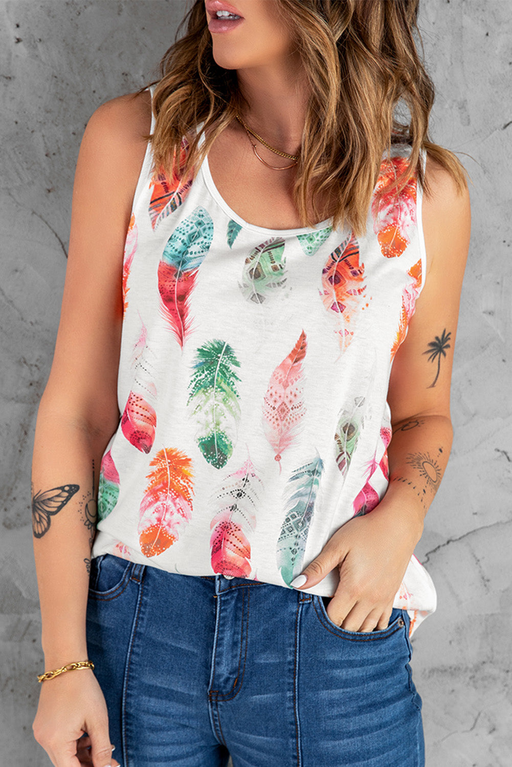 Feather Print Round Neck Tank